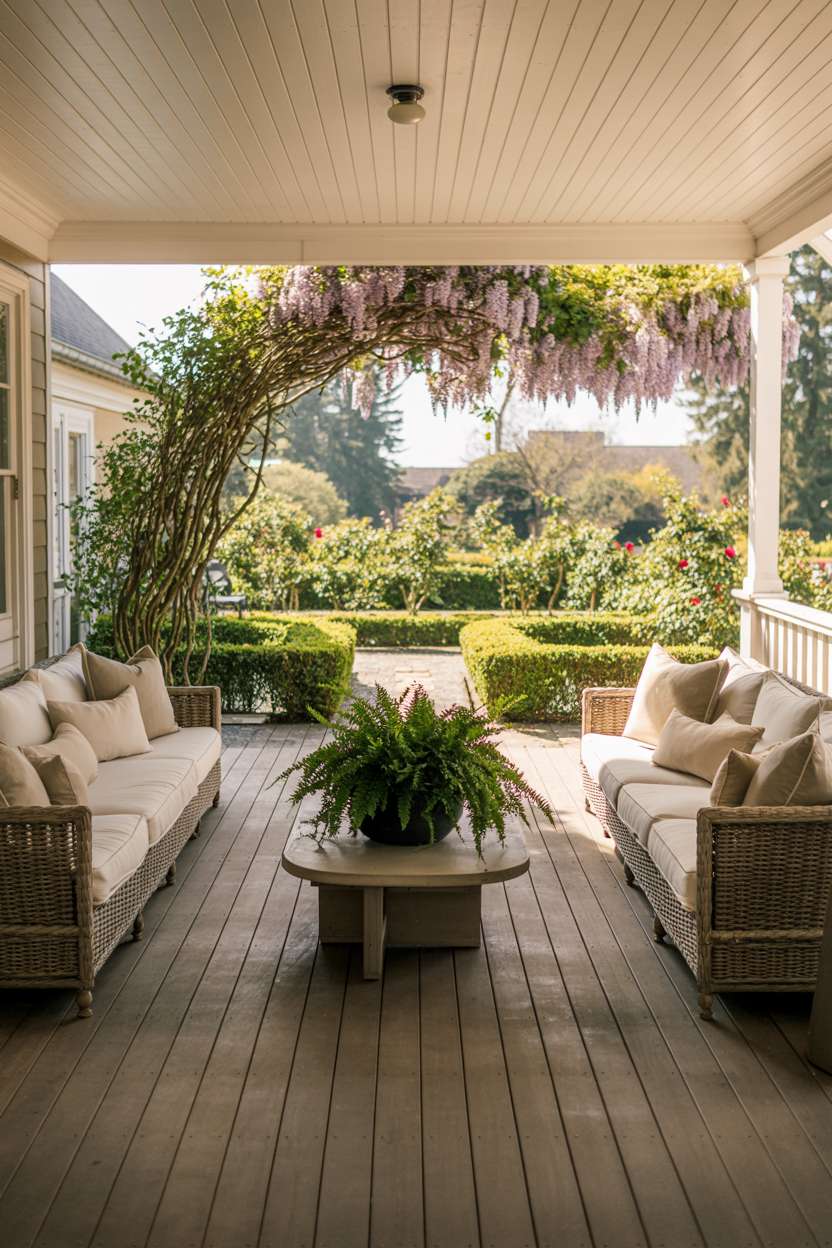 Back porch with wisteria-covered railings framing tranquil garden views