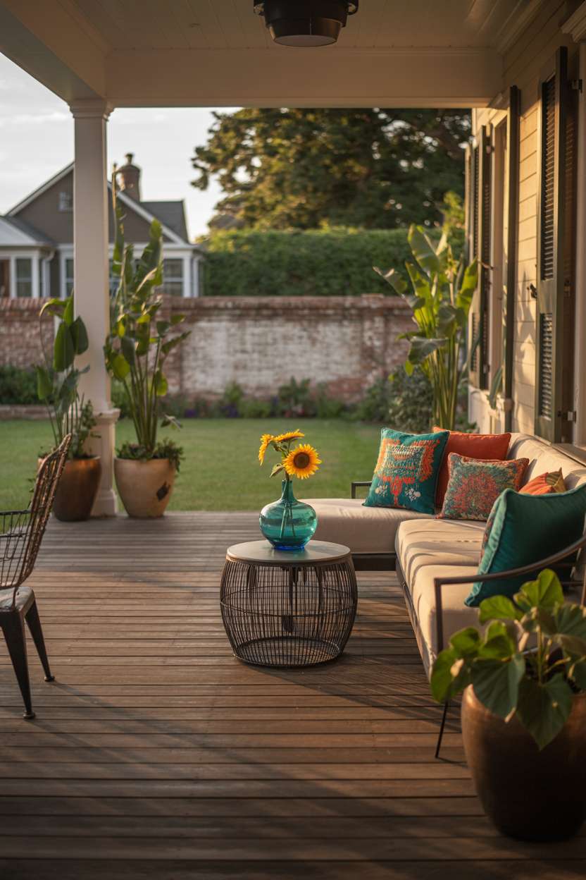 Modern back porch with dark wood decking, teal and coral pillows, and single sunflower accent