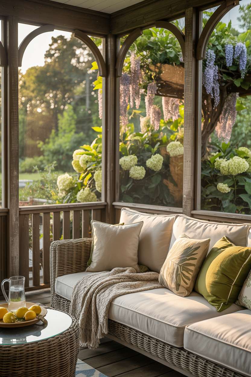 Screened back porch with ivory sofa, olive and cream pillows, and hydrangea garden