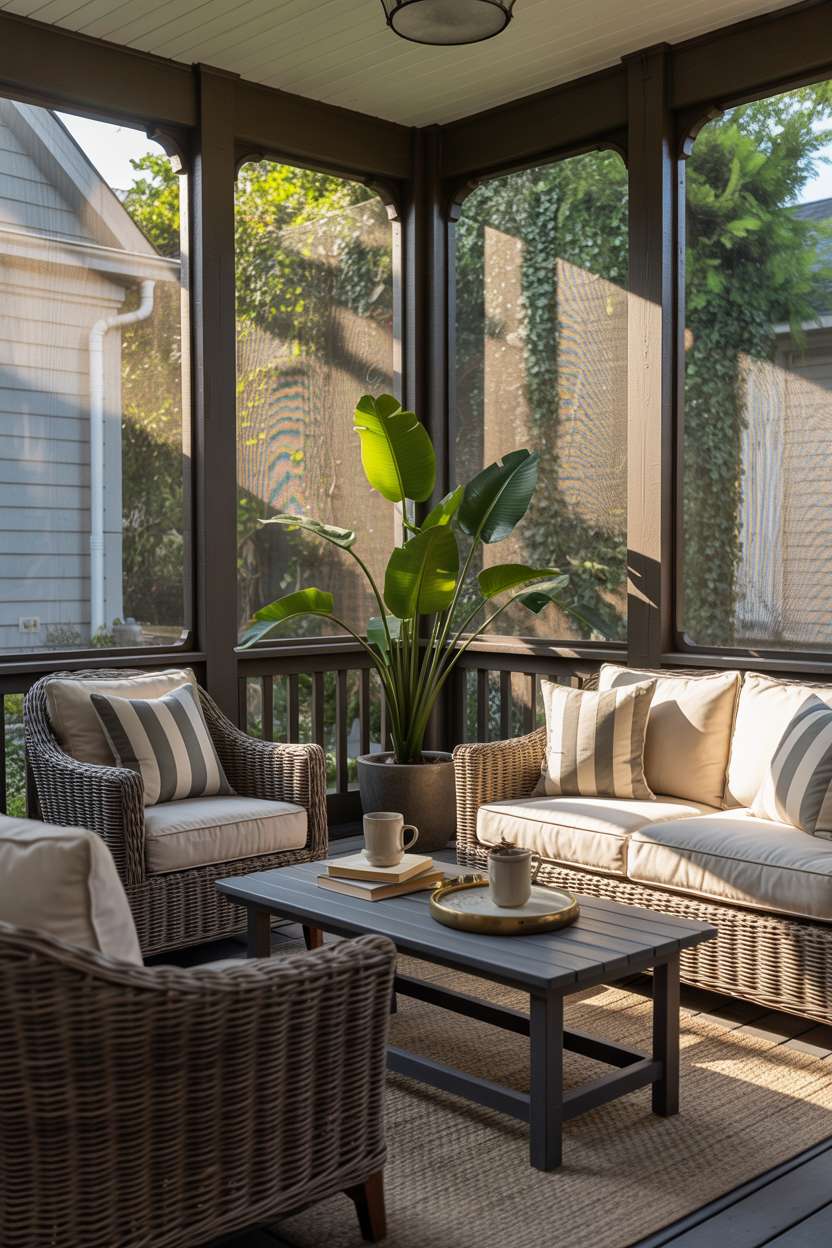 Screened porch with neutral wicker furniture, leafy plants, and coffee table styling