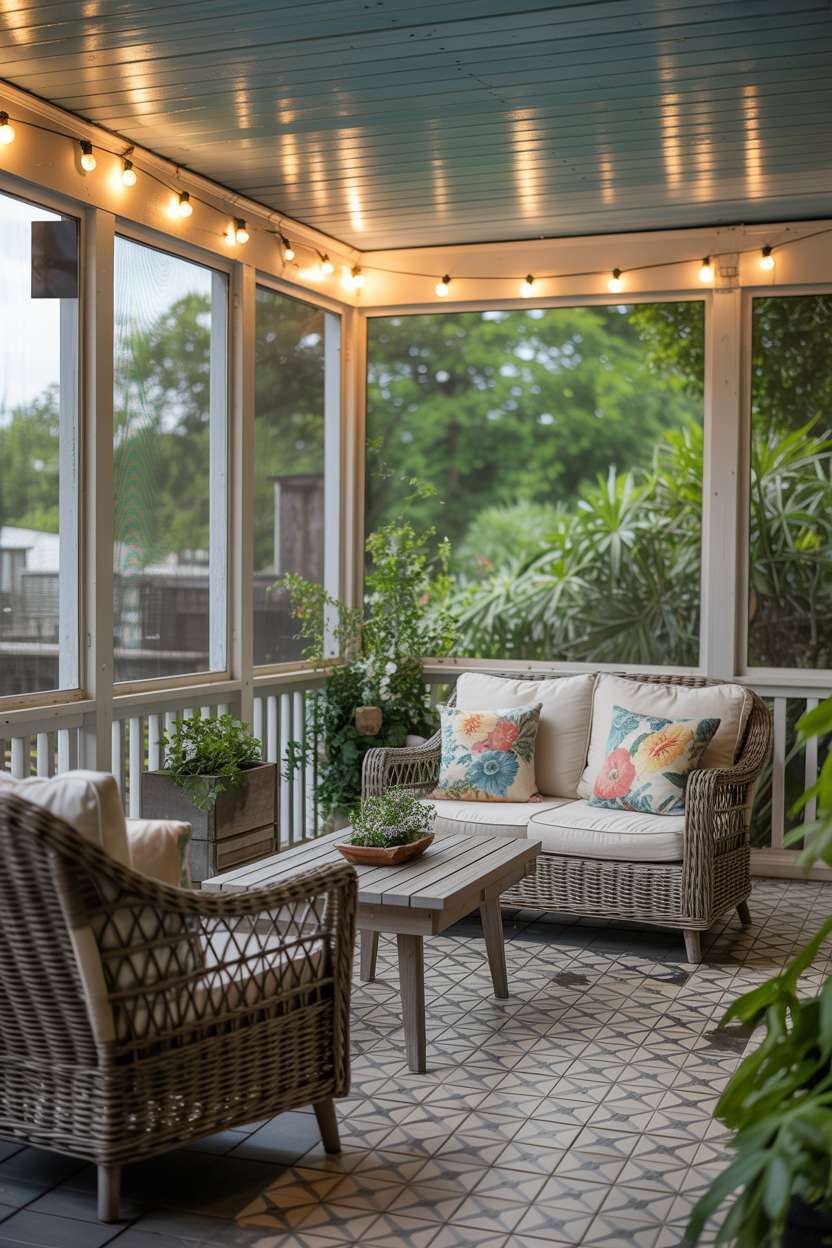 Screened porch with floral cushions, patterned tile floor, and string lights