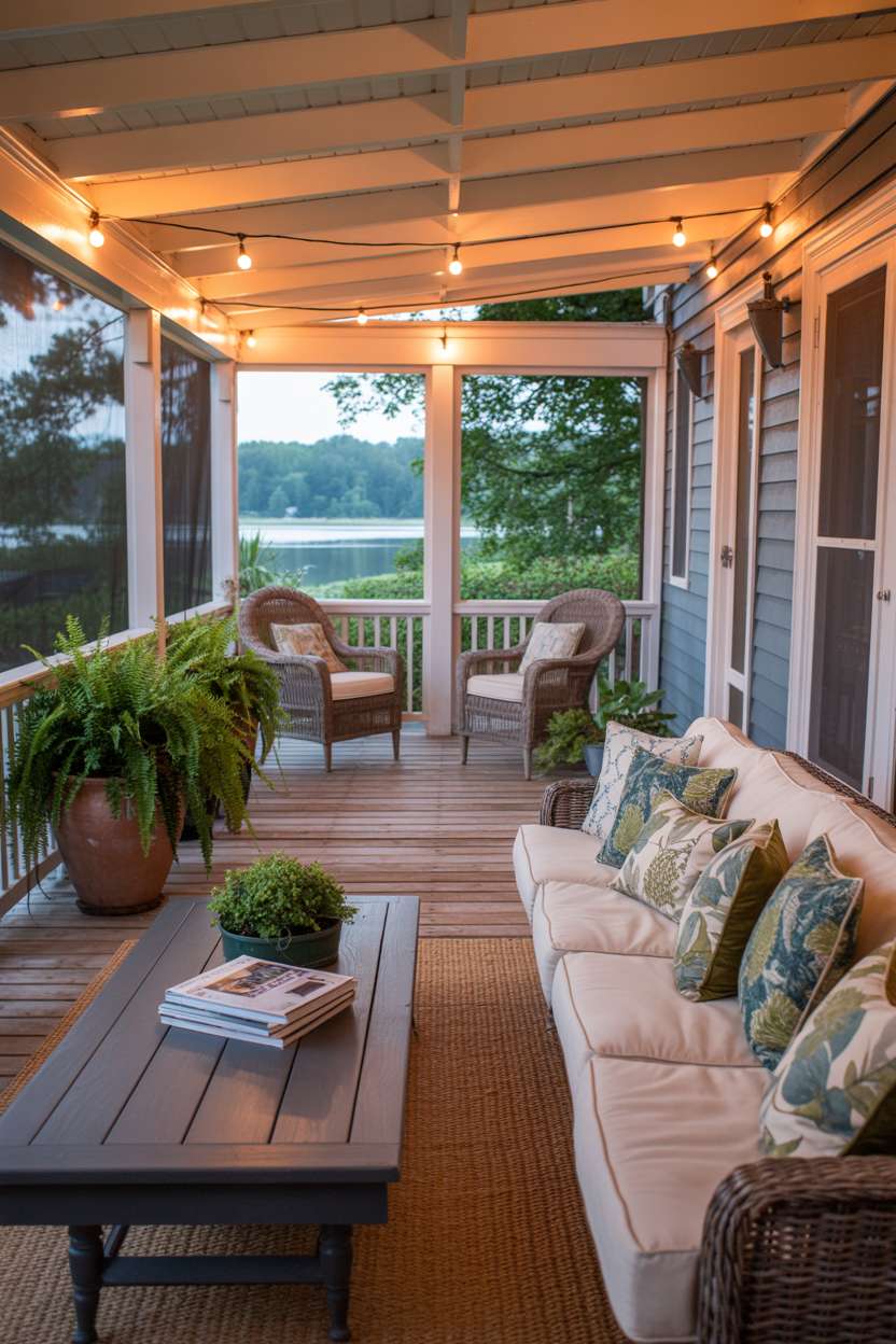 Screened porch with sectional sofa, lake views, and ambient string lighting