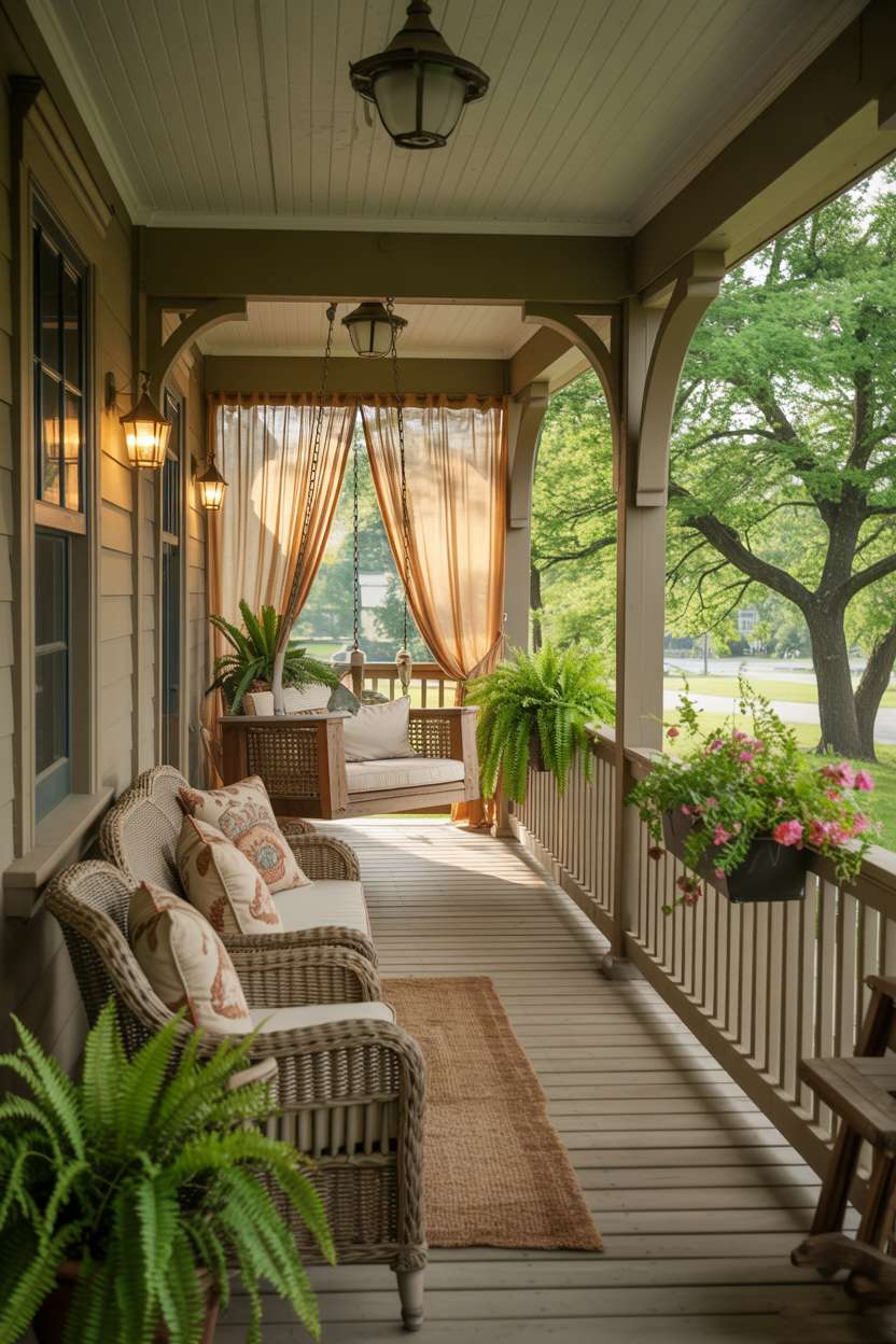 Covered porch extending from craftsman home with wicker furniture and wooden swing