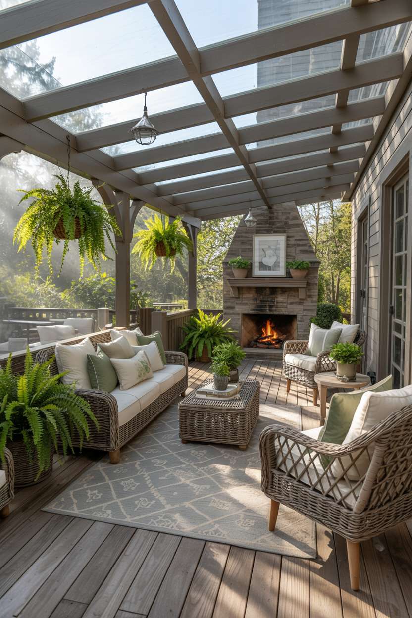Covered porch with stone fireplace, wicker furniture, and hanging plant baskets