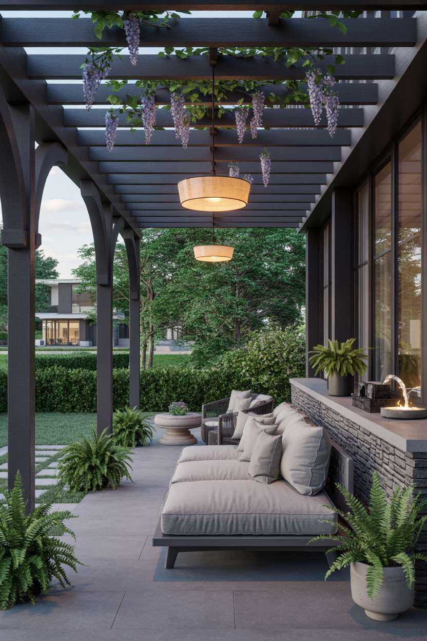 Covered porch with dark wood pergola, wisteria vines, and pendant lighting