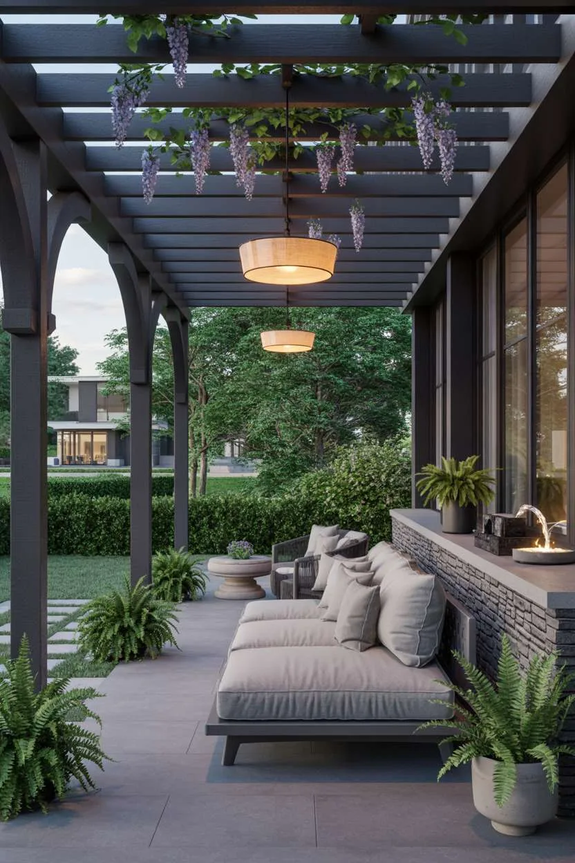Covered porch with dark wood pergola, wisteria vines, and pendant lighting