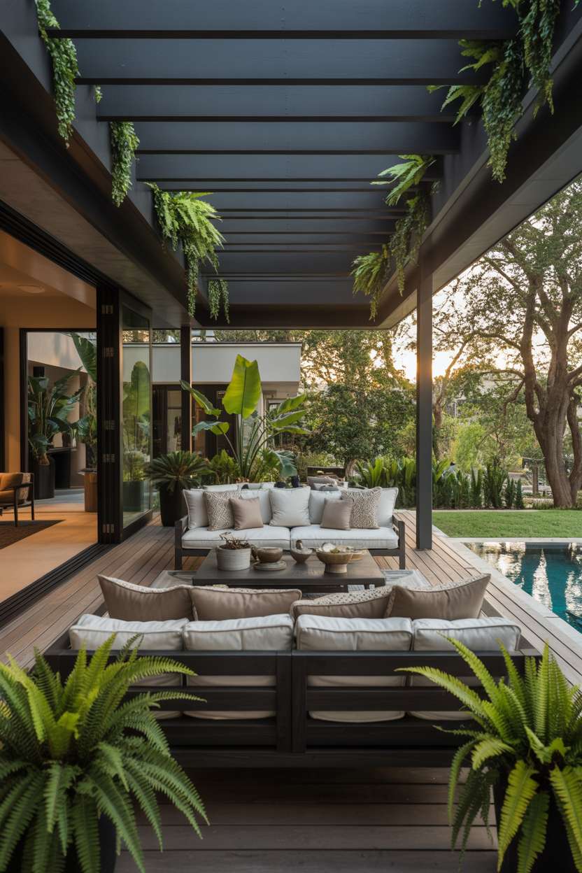 Luxury covered porch with black railings, tropical foliage, and pool views