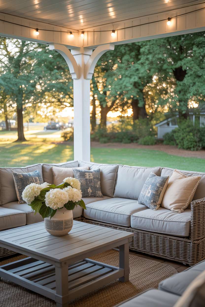 Covered porch with farmhouse style, light gray sectional, and hydrangea centerpiece