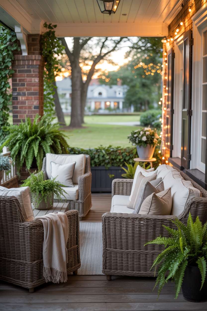 Back porch with neutral tones, ivy-covered brick pillars, and fairy lights