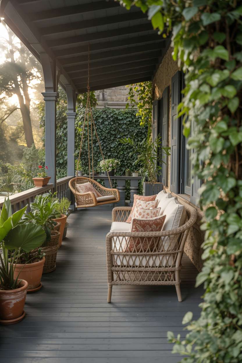 Back porch viewed through garden with dark grey floors and ivy-covered walls
