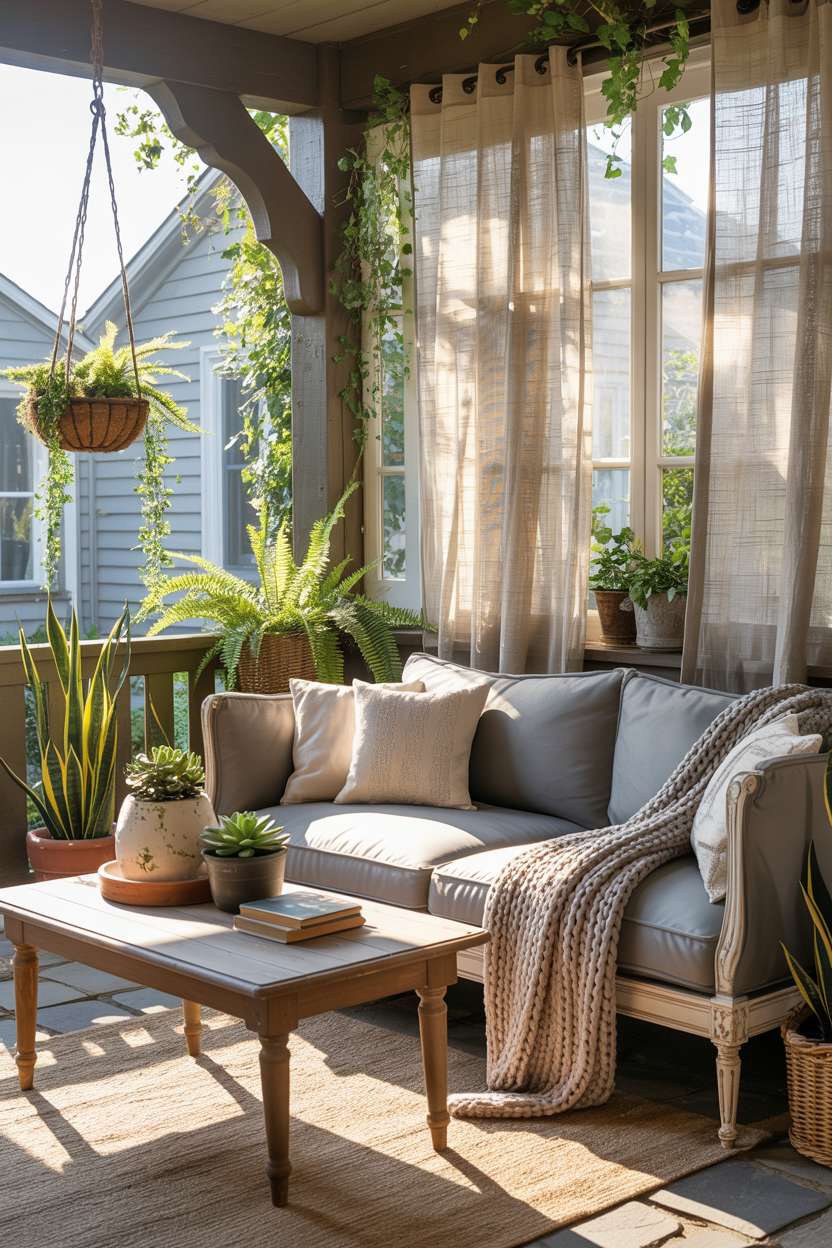 Back porch with grey velvet sofa, vintage coffee table, and hanging plant baskets