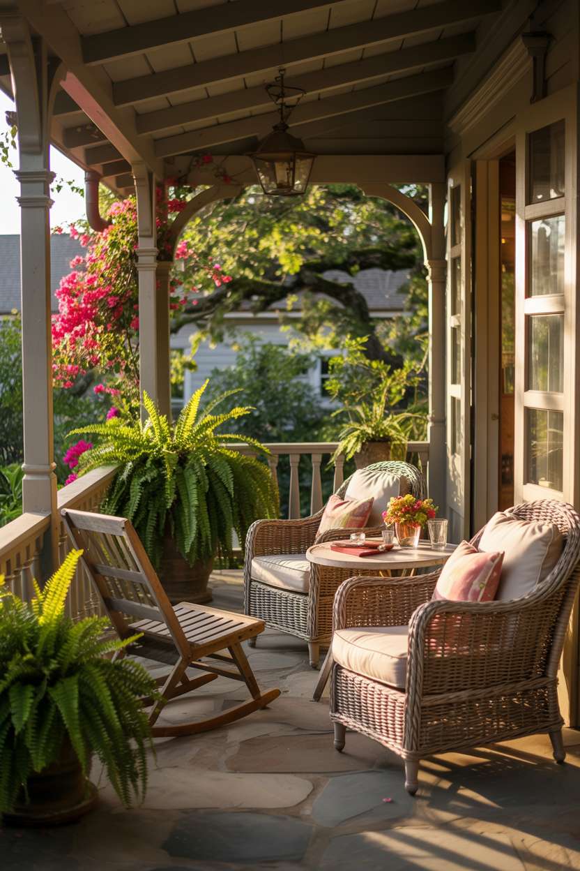 Back porch in late afternoon light with chaise lounge, rocking chair, and bougainvillea