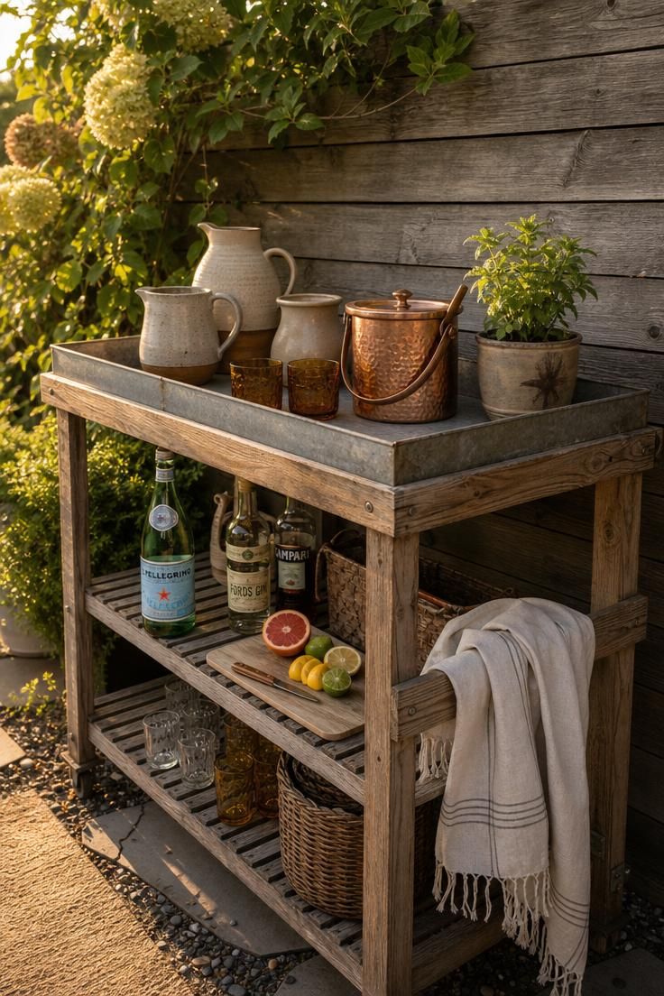 Weathered cedar potting bench styled as a backyard bar cart with stoneware pitchers and amber tumblers in warm golden afternoon light.