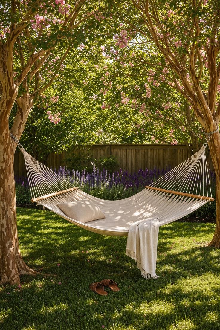 Cotton rope hammock slung between two crepe myrtle trunks with dappled midday sunlight and a linen lumbar pillow.