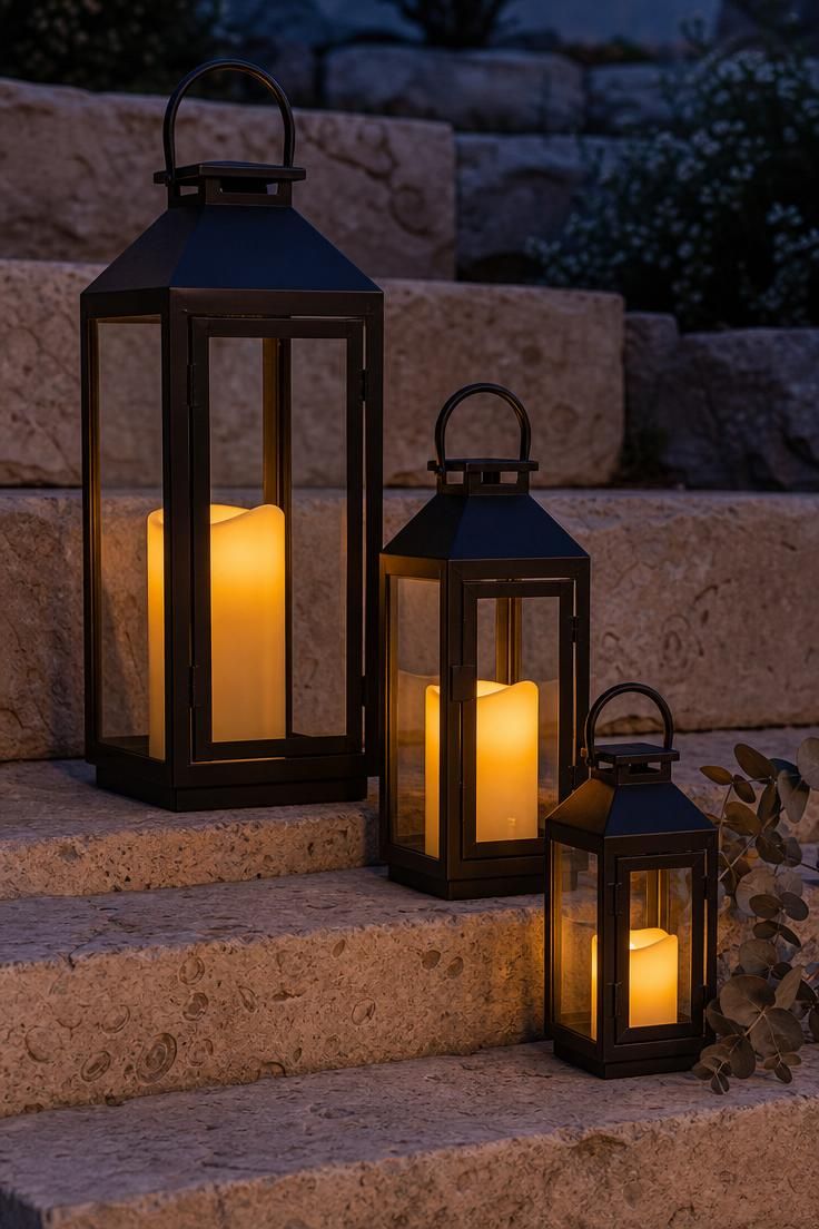 Three black metal lanterns in descending sizes clustered on limestone steps with LED pillar glow at dusk.