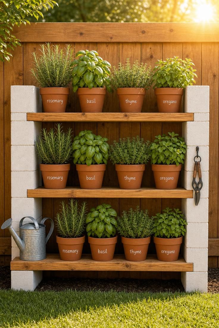 Tiered herb wall of dove-white painted cinder blocks with cedar shelves holding terracotta pots of rosemary and basil in warm golden morning light.