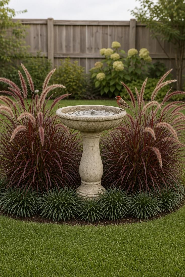 Cast stone birdbath in aged limestone finish centered in a ring of Pennisetum rubrum and dwarf mondo grass with soft diffused daylight.