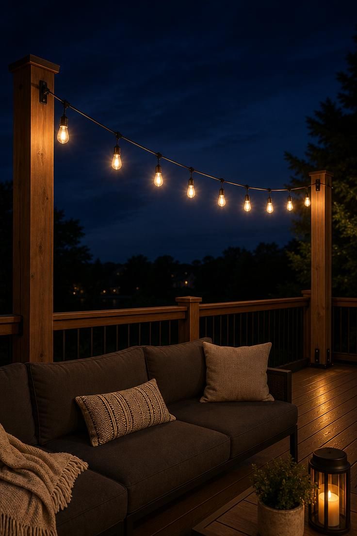 Edison-style LED string lights on matte black cable strung across a composite deck photographed from a low angle against a deep navy evening sky.