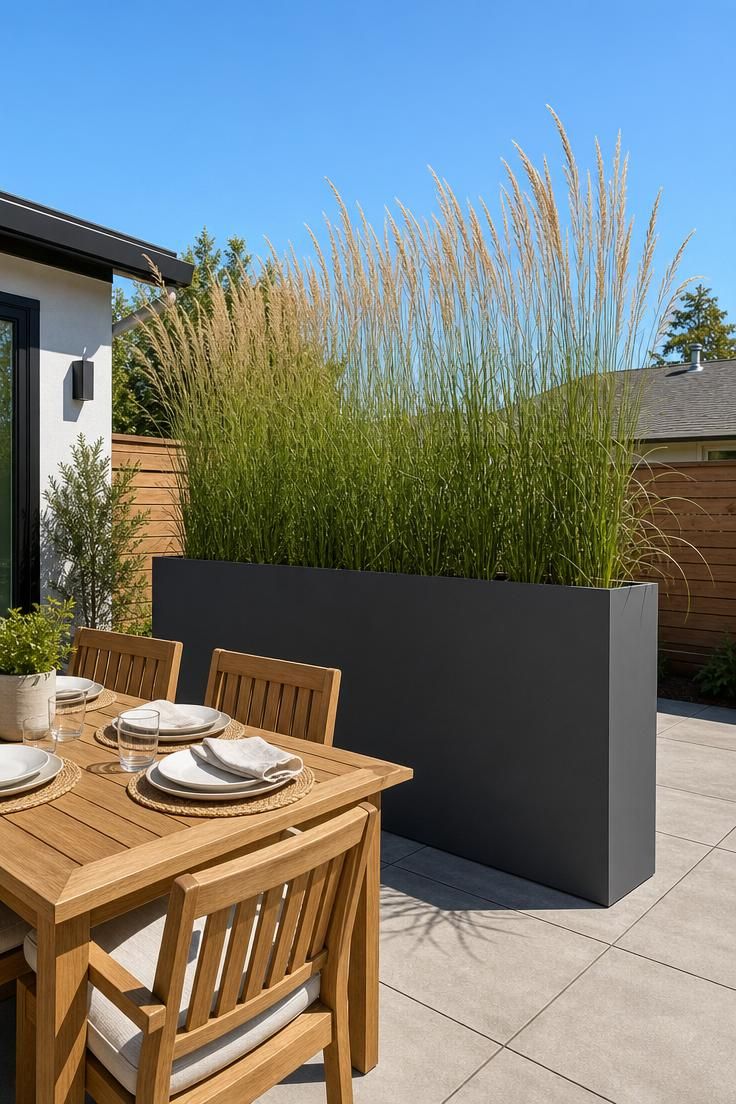 Charcoal powder-coated steel planter box with Karl Foerster grass acting as a privacy divider on a patio in bright midday sunlight.