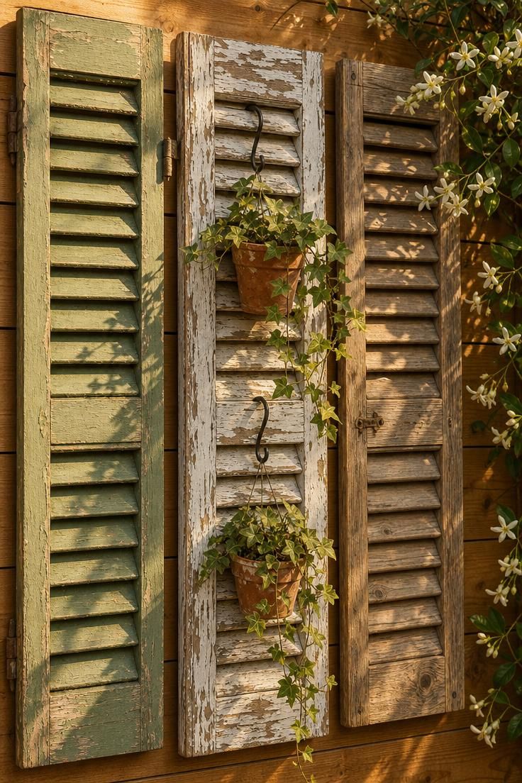Three salvaged wood shutters in faded sage, white, and natural wood mounted vertically on a cedar fence with trailing ivy pots in warm afternoon light.