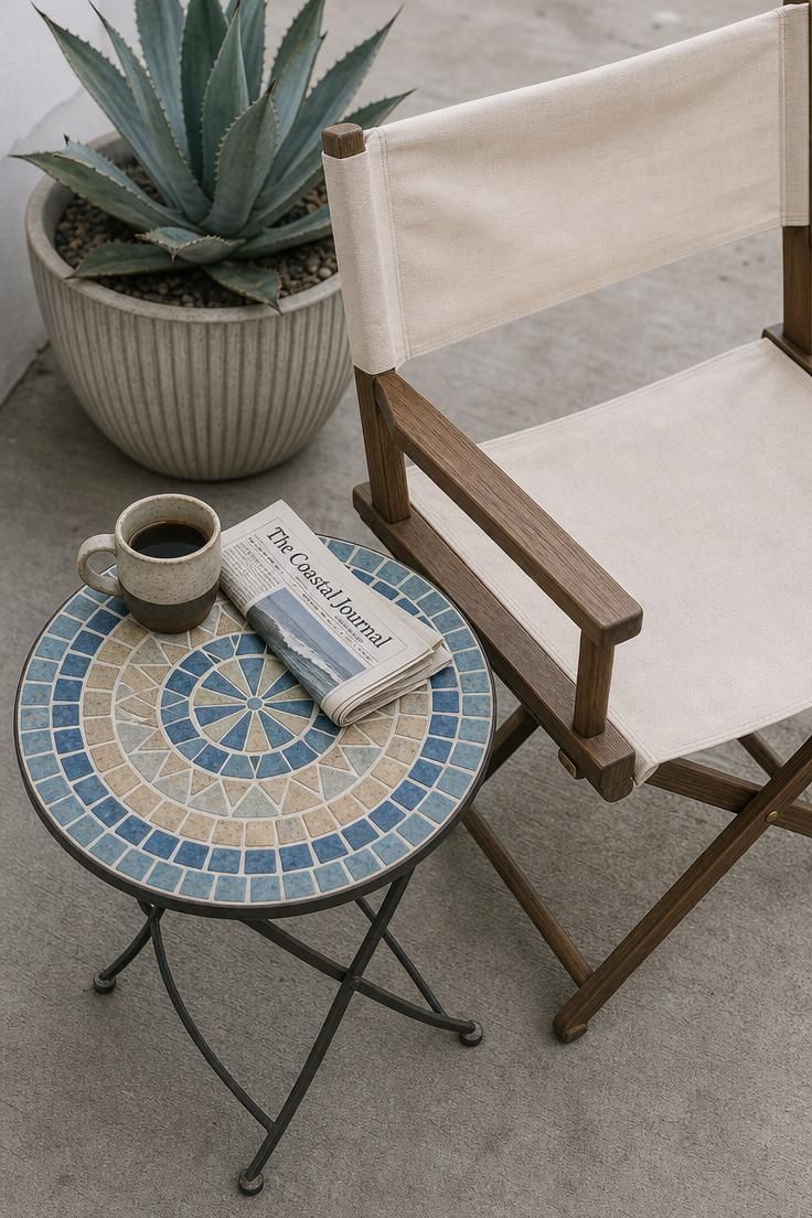 Glazed ceramic mosaic side table in ocean blues and sand tones next to a canvas sling chair on a concrete patio under cool overcast morning light.