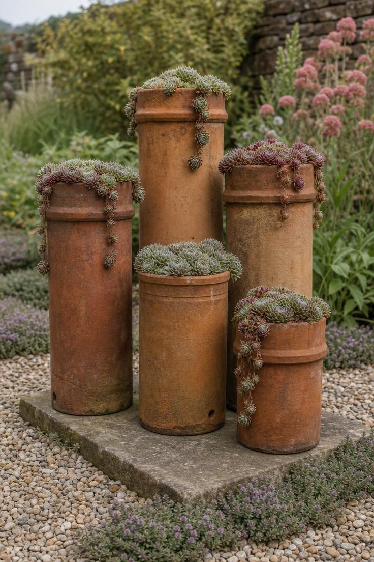 Five vintage clay chimney pots at varying heights on a stone slab planted with Sempervivum rosettes in soft diffused light.
