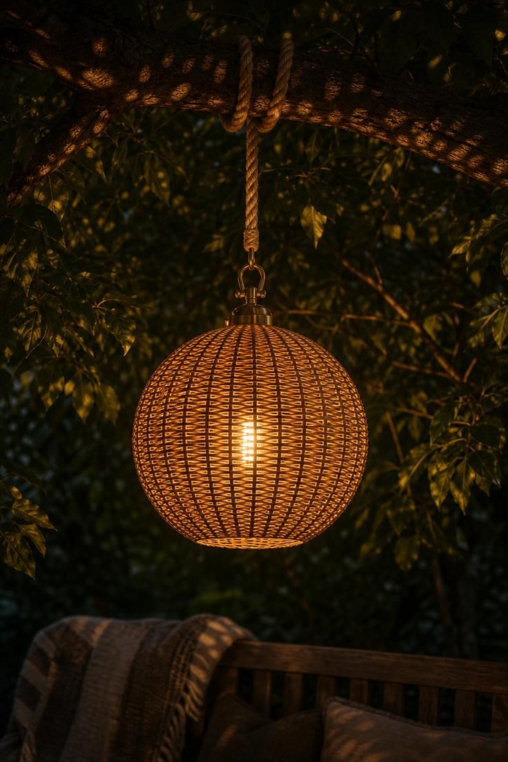 Woven rattan globe pendant light hung from a tree branch with nautical rope cord casting woven shadow patterns in moody low evening light.