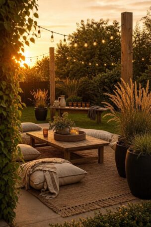 Wide view of a decorated backyard at golden hour with a teak coffee table, linen cushions, matte black planters, and string lights overhead.