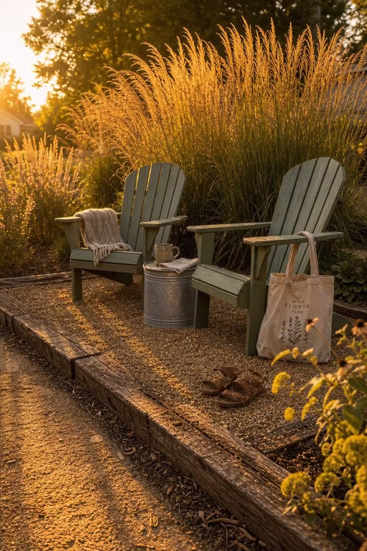 13 Clever Backyard Ideas on a Budget That Feel Polished 1 Crushed granite sitting area bordered by salvaged railroad ties with two sage green Adirondack chairs in warm golden hour light