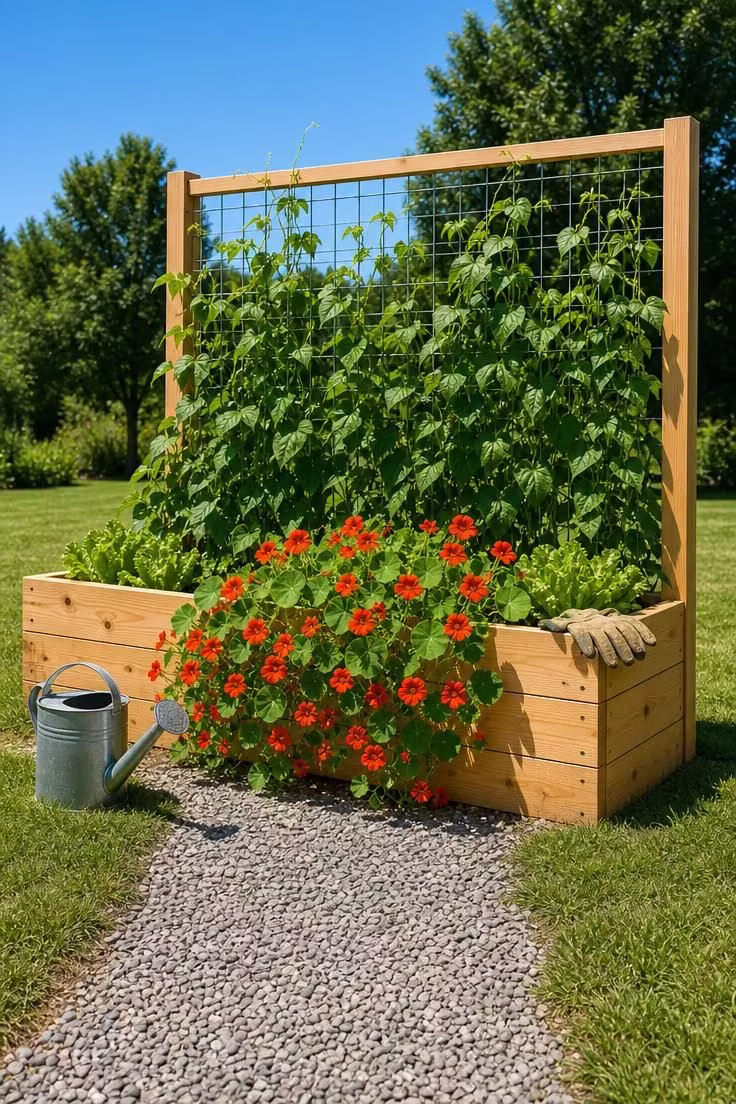 13 Clever Backyard Ideas on a Budget That Feel Polished 3 Cedar raised garden bed with wire trellis covered in climbing bean vines and nasturtiums in bright midday sunlight