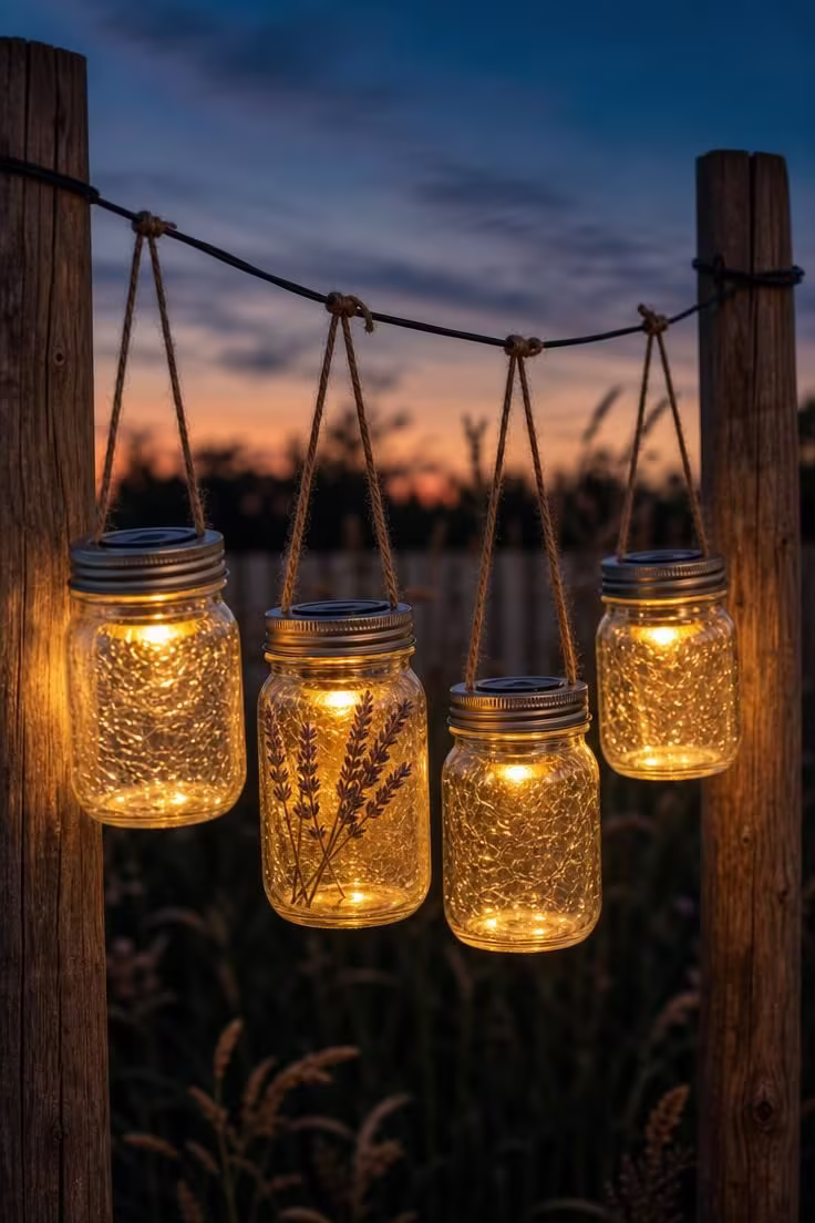 13 Clever Backyard Ideas on a Budget That Feel Polished 4 Close-up of mason jar solar lanterns glowing on a clothesline wire between wooden posts at soft twilight