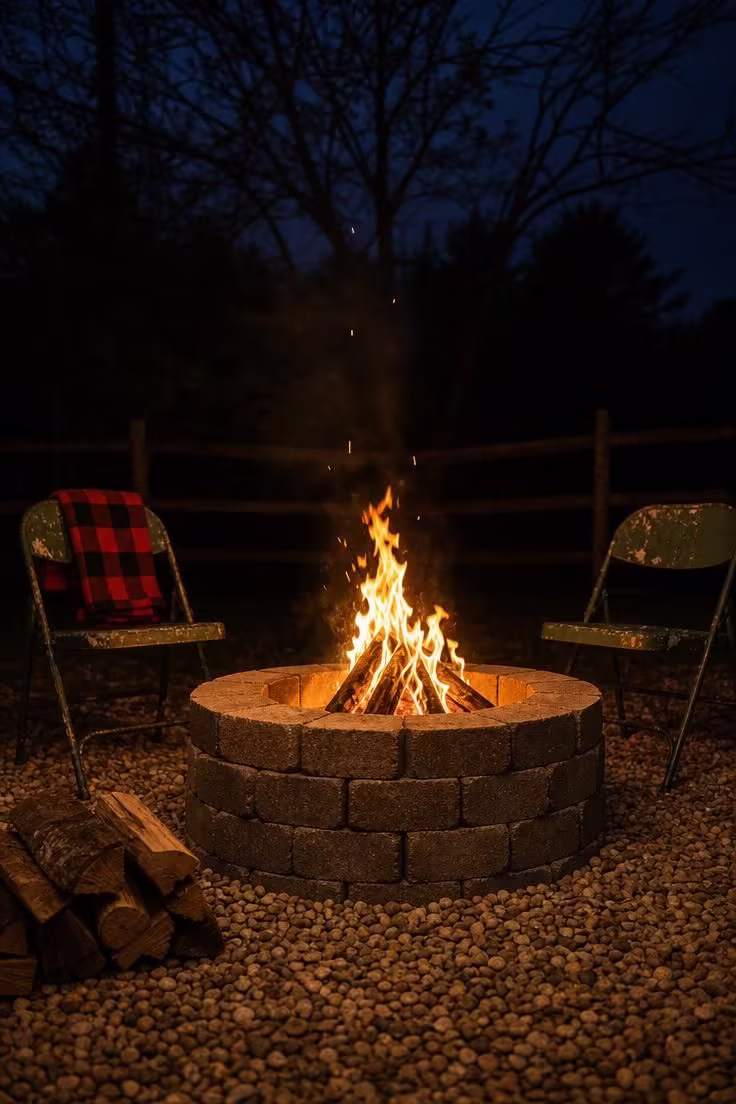 13 Clever Backyard Ideas on a Budget That Feel Polished 5 Stacked retaining wall block fire ring with flames on a pea gravel clearing in moody low evening light