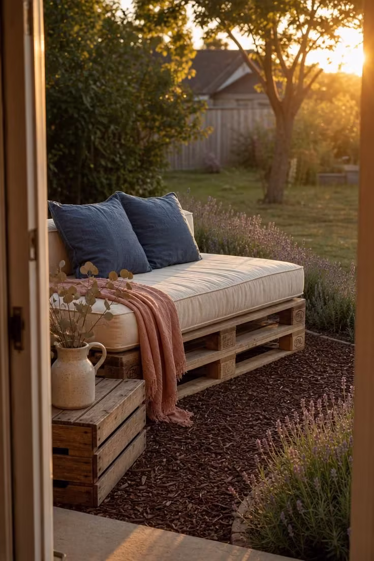 13 Clever Backyard Ideas on a Budget That Feel Polished 6 Repurposed pallet daybed with canvas cushions on a mulch pad seen from a doorway in warm golden hour light