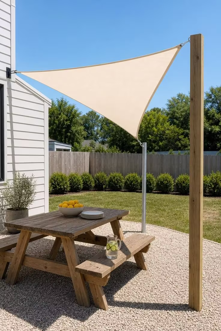 13 Clever Backyard Ideas on a Budget That Feel Polished 7 Triangle shade sail in natural canvas casting geometric shade over a wooden picnic table in bright midday sun