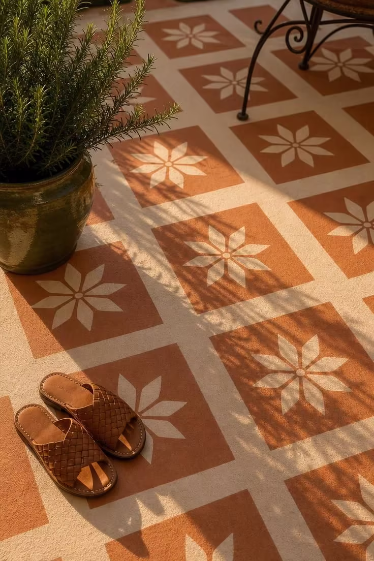 13 Clever Backyard Ideas on a Budget That Feel Polished 9 Overhead view of a painted concrete stencil patio in terracotta tile pattern with rosemary pot in warm afternoon light