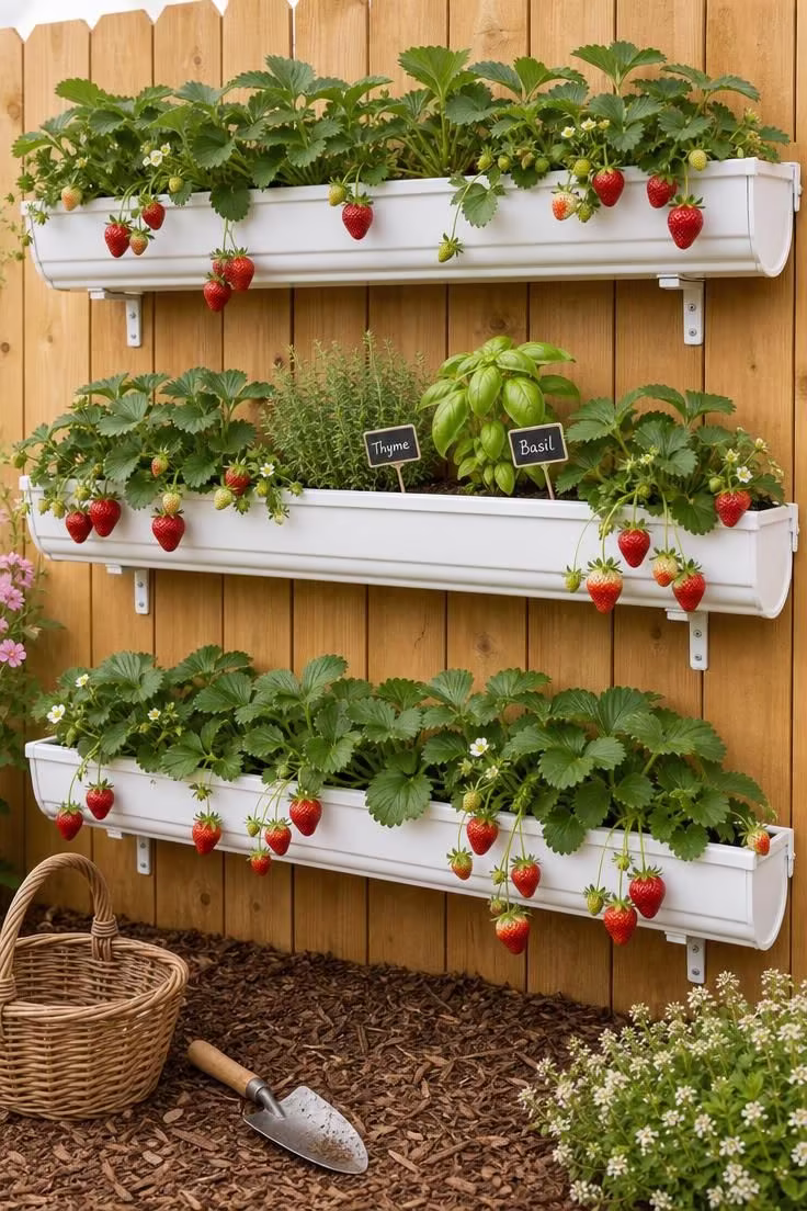13 Clever Backyard Ideas on a Budget That Feel Polished 10 White gutter planters on a wooden fence with trailing strawberries and herbs in soft diffused morning light