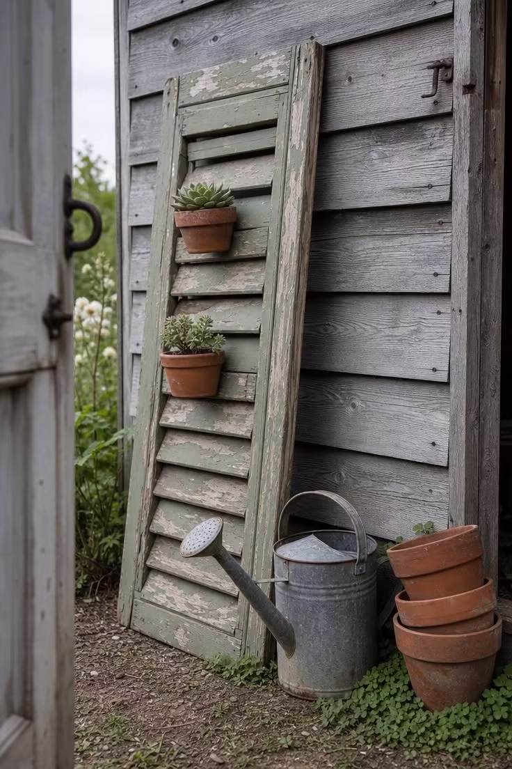 13 Clever Backyard Ideas on a Budget That Feel Polished 11 Reclaimed shutter panel with chipped sage paint leaning against a garden shed with succulents and watering can under hazy sky