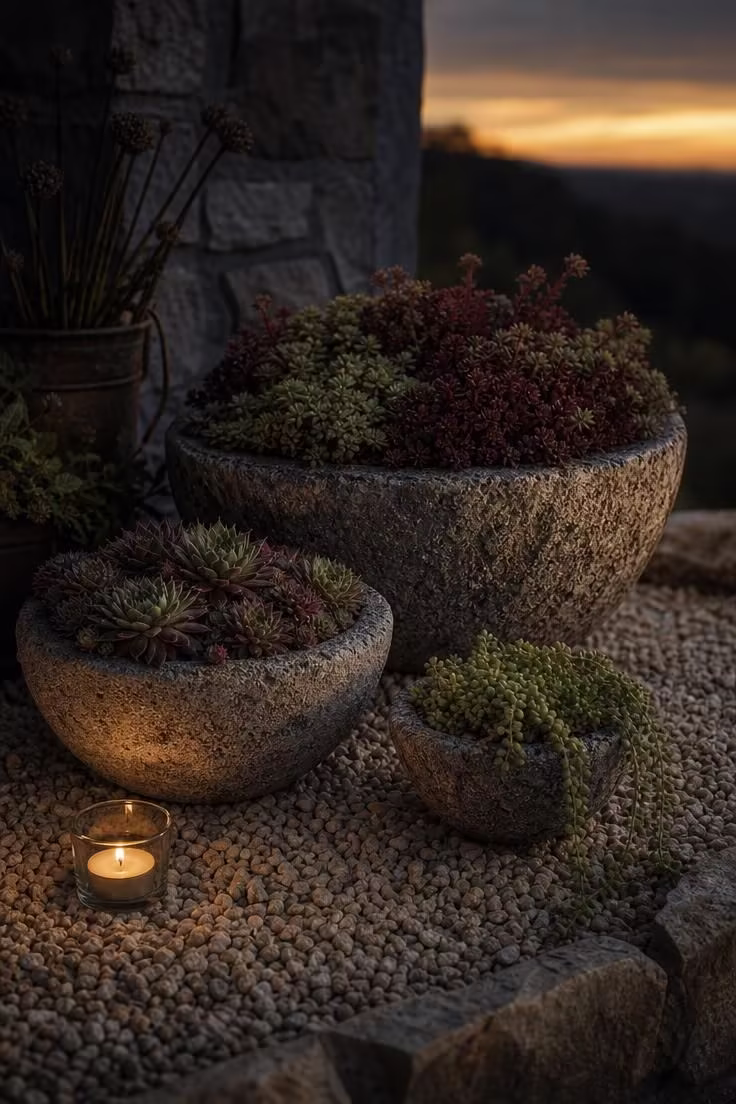 13 Clever Backyard Ideas on a Budget That Feel Polished 13 Three hypertufa bowl planters with sedums on a gravel patio corner in moody low evening light