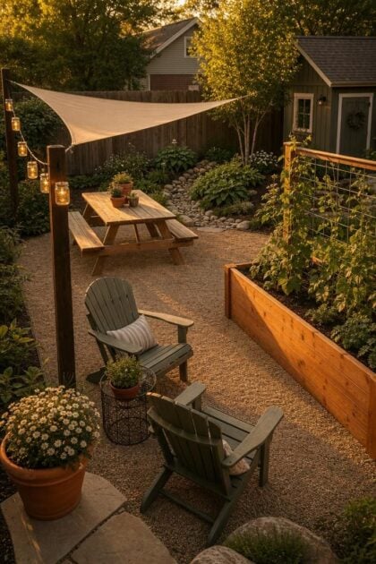 13 Clever Backyard Ideas on a Budget That Feel Polished A small backyard at golden hour with crushed granite seating area, shade sail over picnic table, solar lanterns, raised garden bed, and river rock creek bed