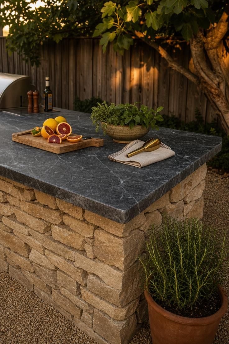 Soapstone countertop on a dry-stacked limestone outdoor kitchen island during golden hour with herbs and citrus on a cutting board