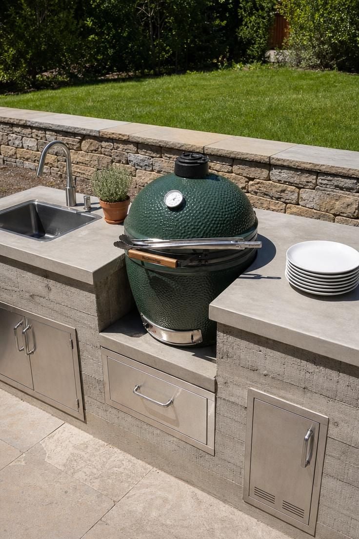 Built-in kamado grill flanked by poured concrete counters under bright midday sun with a stainless steel sink