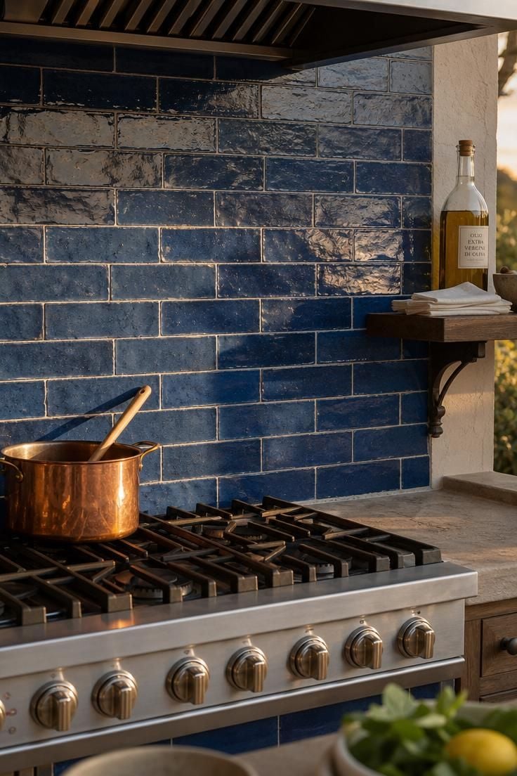 Zellige tile backsplash in deep ocean blue behind a stainless steel cooktop with a copper pot in warm golden light