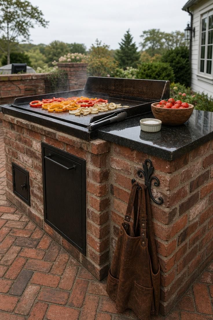 Reclaimed brick outdoor kitchen island with a cast iron plancha griddle cooking peppers under overcast morning light