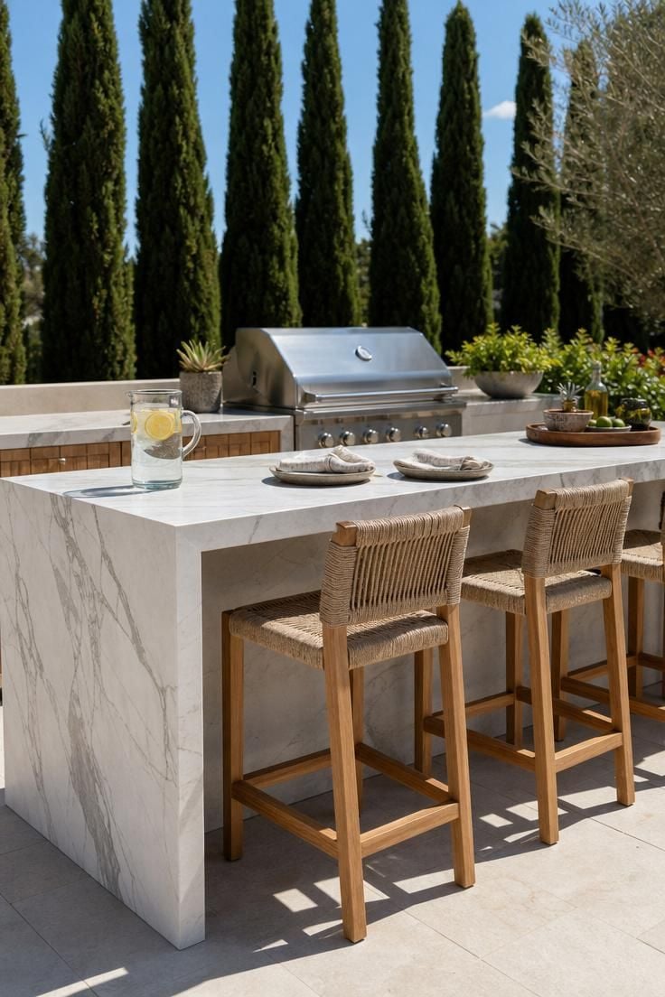 Quartzite waterfall counter with teak bar stools in bright midday light beside a built-in gas grill and cypress trees