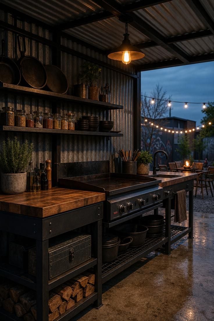 Industrial outdoor kitchen with powder-coated steel frame and corrugated metal roof in moody evening light with a butcher block counter