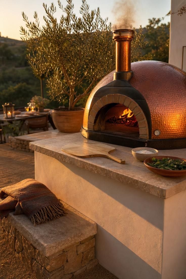 Wood-fired pizza oven with hammered copper dome on a white stucco base during golden hour with a travertine counter
