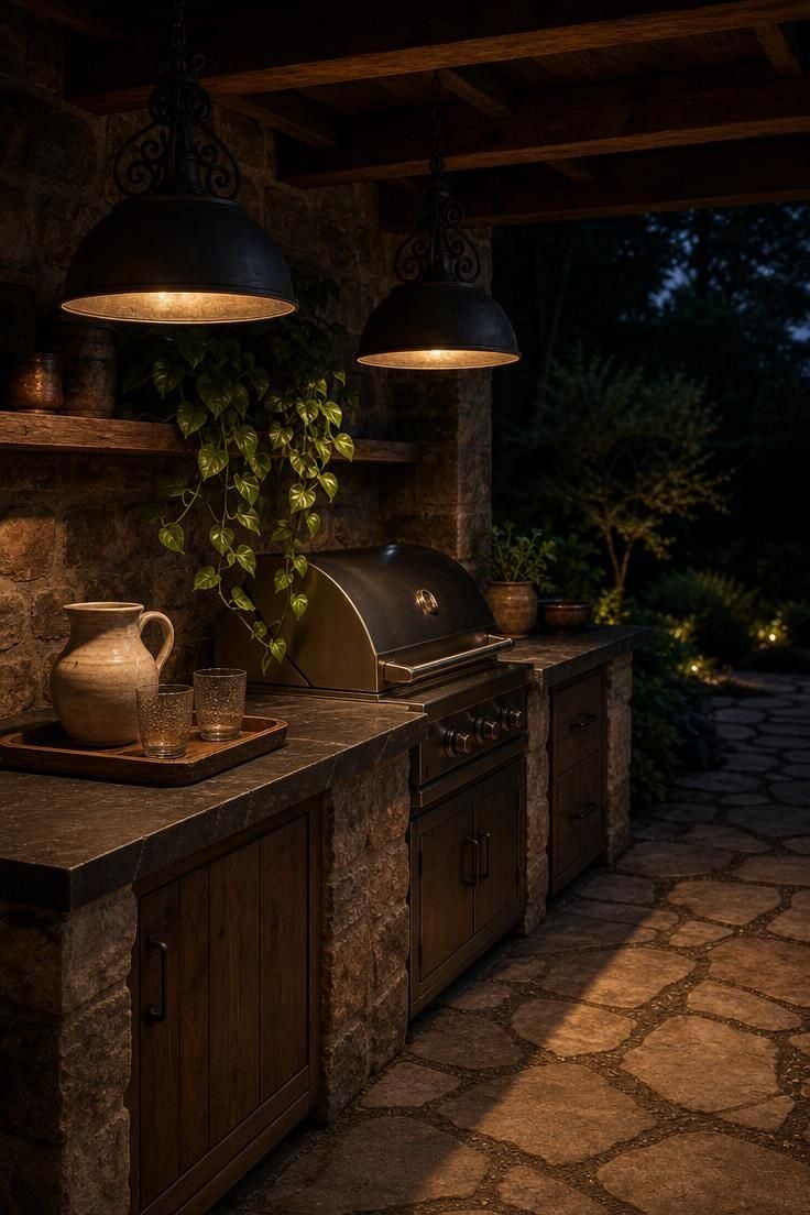 Outdoor kitchen on flagstone flooring with wrought iron pendant lights casting warm pools of light in moody evening setting