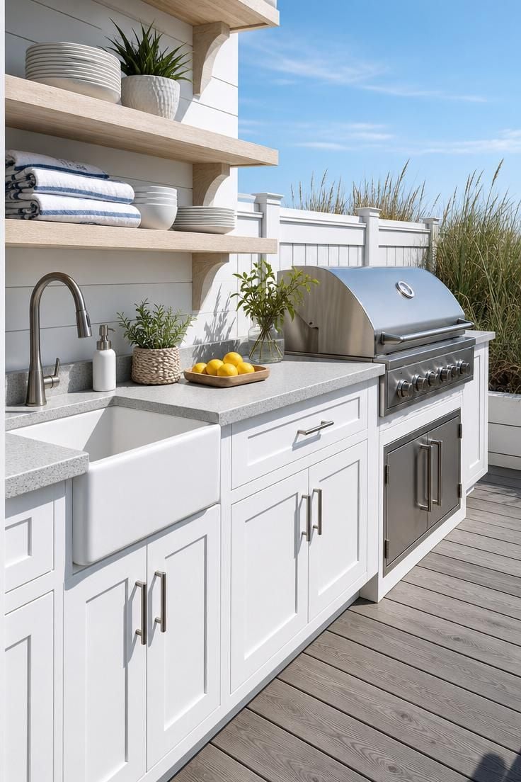 Coastal white outdoor kitchen with marine-grade polymer shaker cabinets and quartz countertop in bright midday sunlight