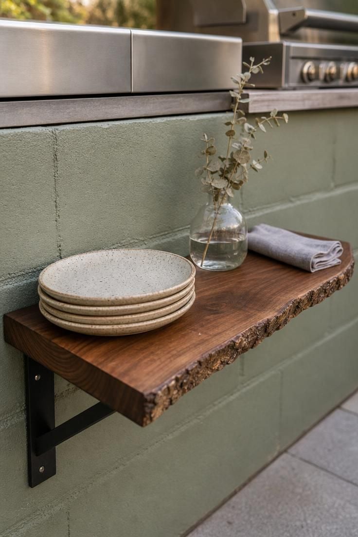Live-edge walnut serving shelf on steel brackets against a sage green concrete block wall with ceramic plates in soft diffused light