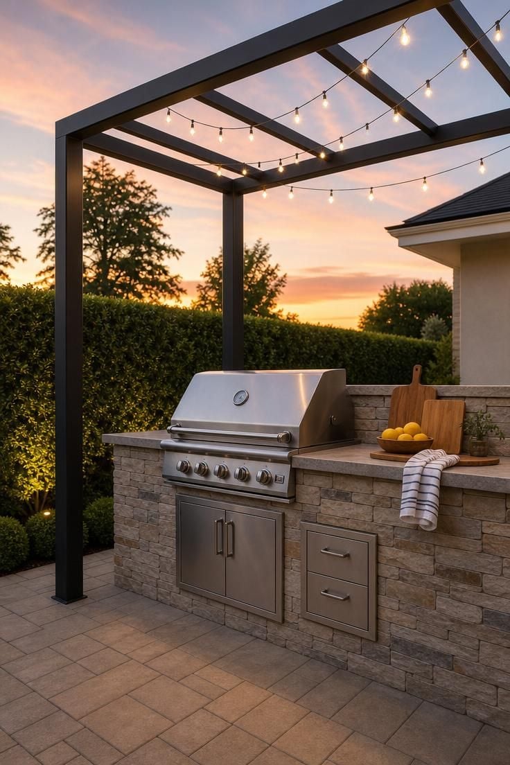 Painted steel pergola with string lights over a gas grill station during golden hour with a stone veneer island and concrete counter
